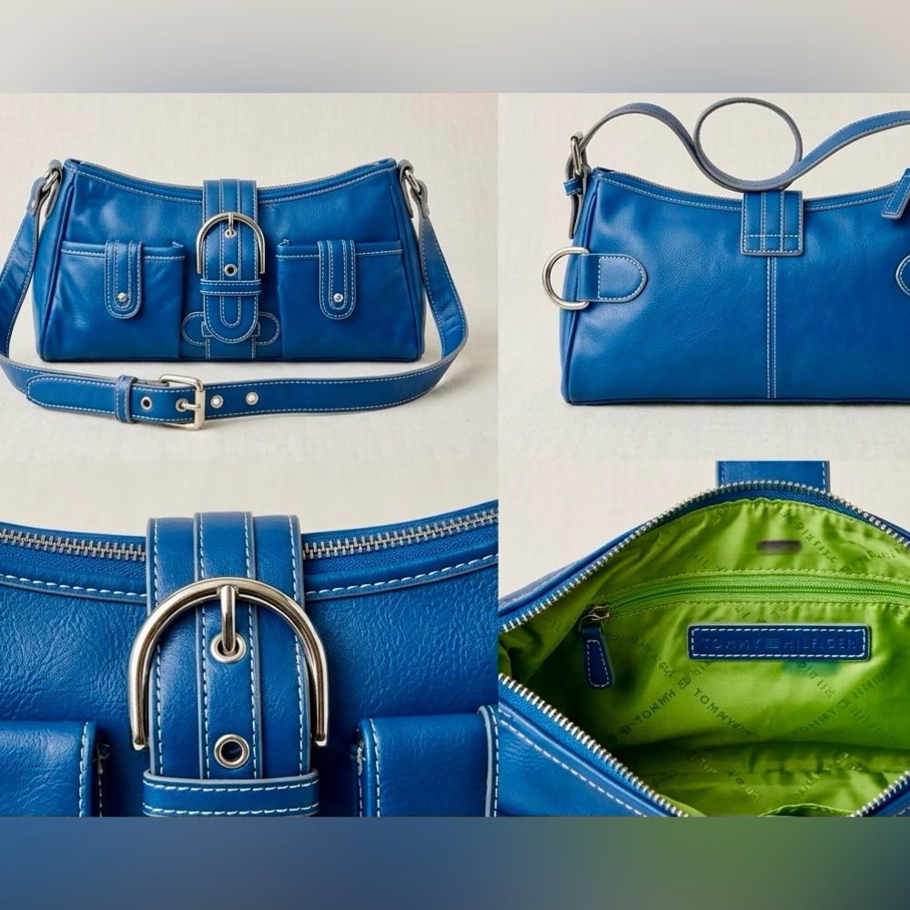 Tommy Hilfiger Navy Blue Faux Leather Buckle Shoulder Bag - Multi Pocket
